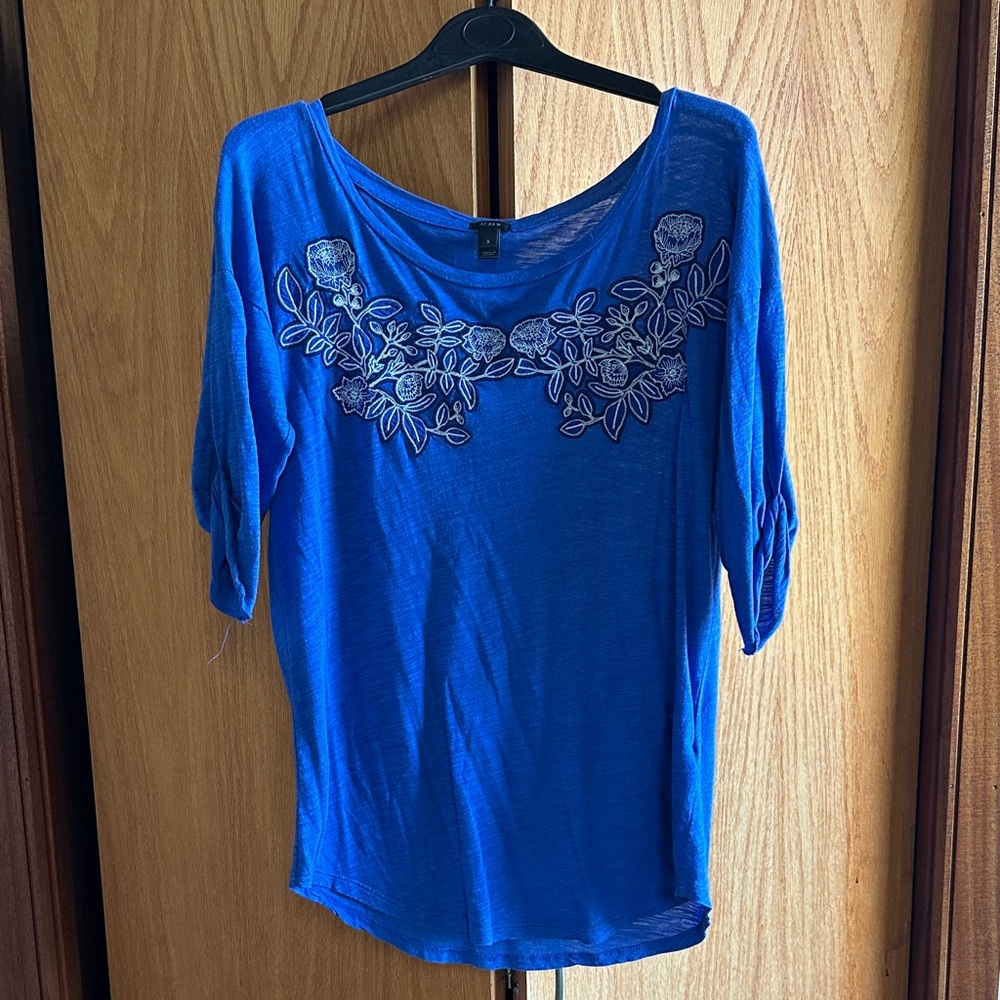 J. Crew Royal Blue Blouse with White Floral Embroidery